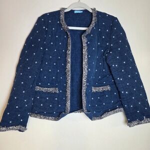 J McLaughlin Women's Medium Quilted Jacket Blue Diamond Fringe Trim Hook Eye